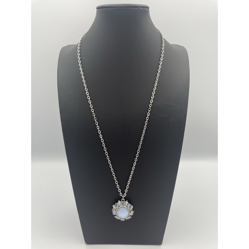 Vtg. 60's Avon Moonglow Cabochon & Rhinestone 24" Light Blue Pendant / Necklace